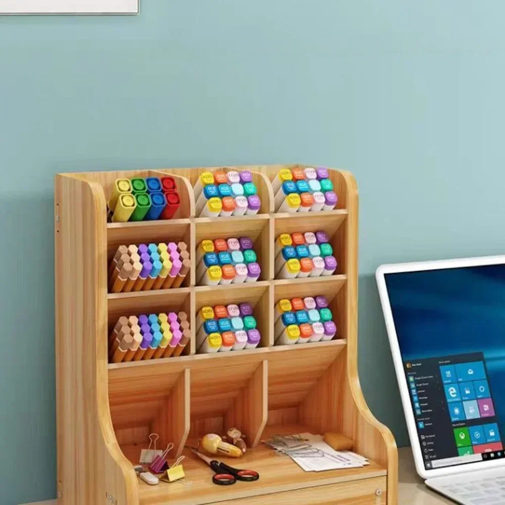Wooden Desk Organiser DIY Desktop Tidy Pen Holder Large Capacity Stationery Storage Box with Drawer for Home Office and School