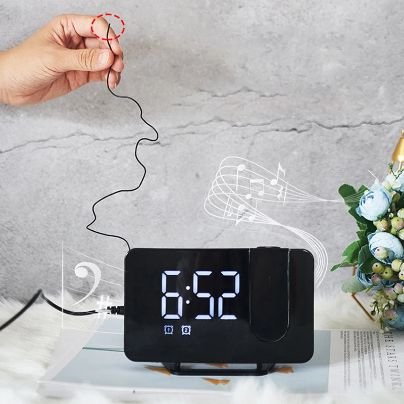 Bedroom Projection Alarm Clock, Digital Clock Radio with Projector, FM Radio, Adjustable Brightness, USB Port, Dual Alarms