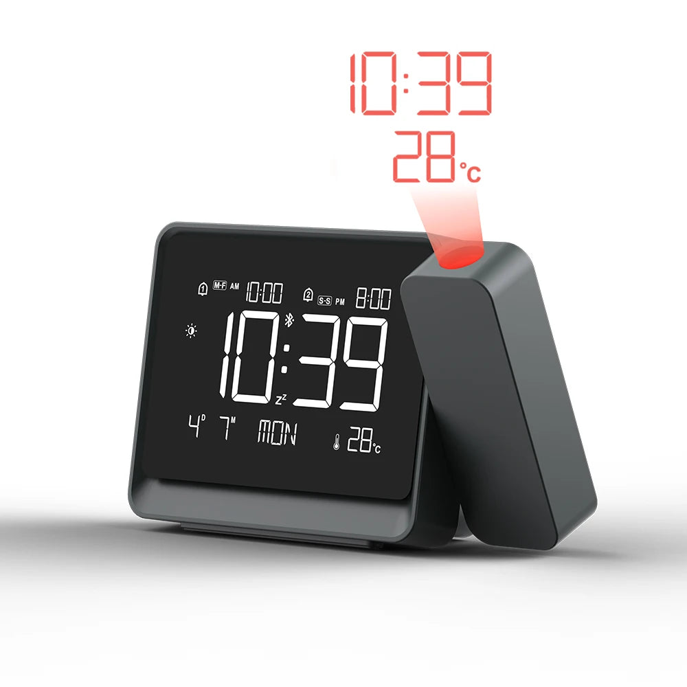 Black Digital Desktop Alarm Clock Thermometer Wall Projectior Bluetooth Time Adjust Night Light USB Focusing Display Projection