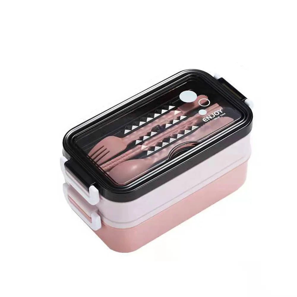 Double-layer Lunch Box 1pc Portable Compartment Food Box Microwave Lunch Box With Fork Chopsticks And Spoon for School office