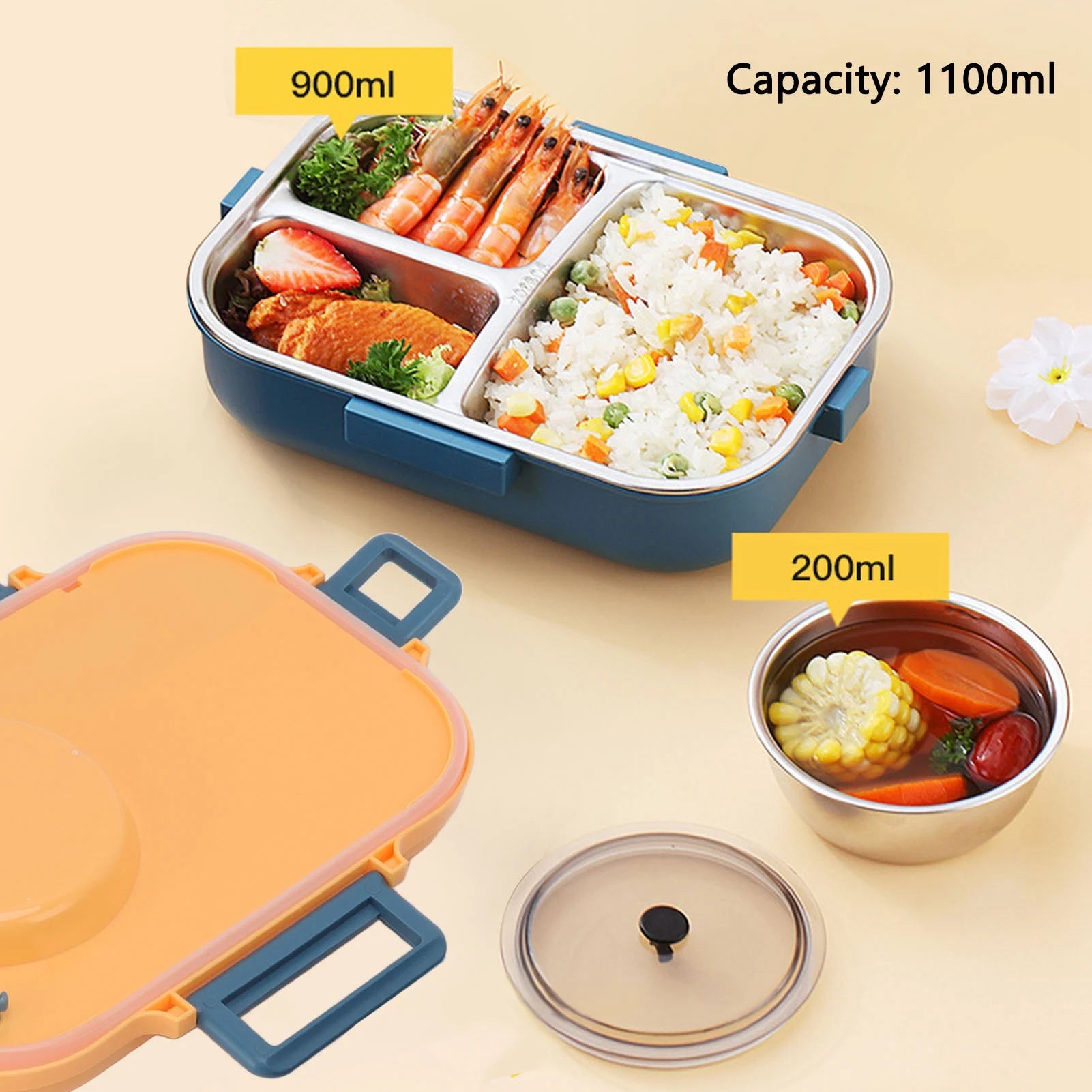 Lunch Box Thermal Lunch Box 1100ml Double Layer 3 Grid Design 304 Stainless Steel  Box with Chopsticks Spoon Soup Bowl
