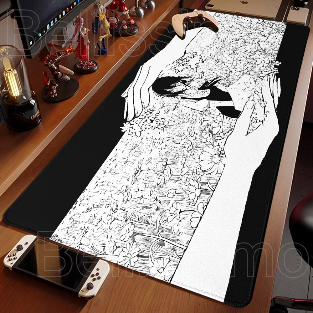 New Black and White Anime Girl Mousepad Large Mouse Pad Office Keyboard Edge Locking Desk Mat PC Gamer Accessories Non-slip Mat