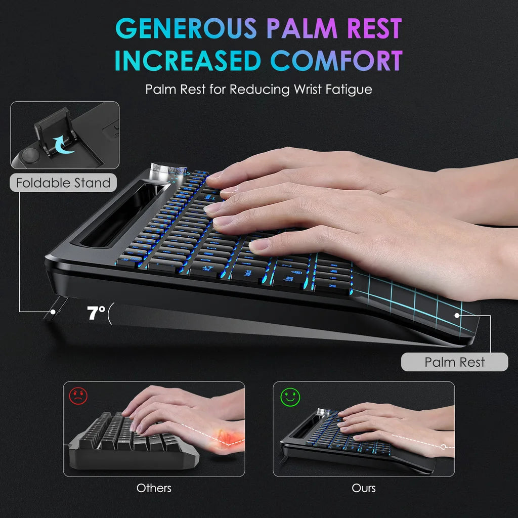 Wireless Keyboard with 7 Colored Backlits, Wrist Rest, Phone Holder, Rechargeable Ergonomic Full Size Keyboard with Silent Keys