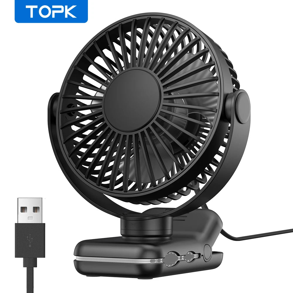 TOPK K62B Small Portable Clip Fan USB Desk Fan with 3 Speeds Strong Airflow, 720° Rotation, Ultra-Quiet, Desk Fans for Home/Offi