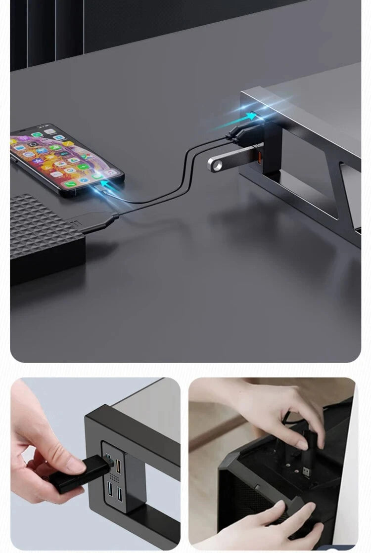 Desk Monitor Stand Riser PC Rack Holder, with 4 USB Ports, Computer Monitor Riser, Desktop Stand and Storage Rack, 20kg Capacity