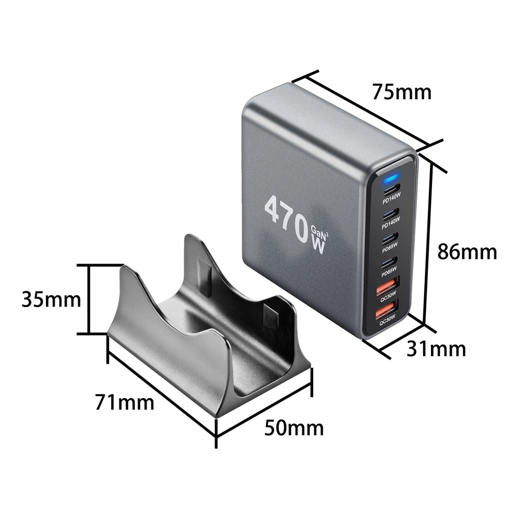 470W 6-Port GaN Desktop Charger - 4C2A USB-C PD Fast Charge for Phones, Tablets & Laptops