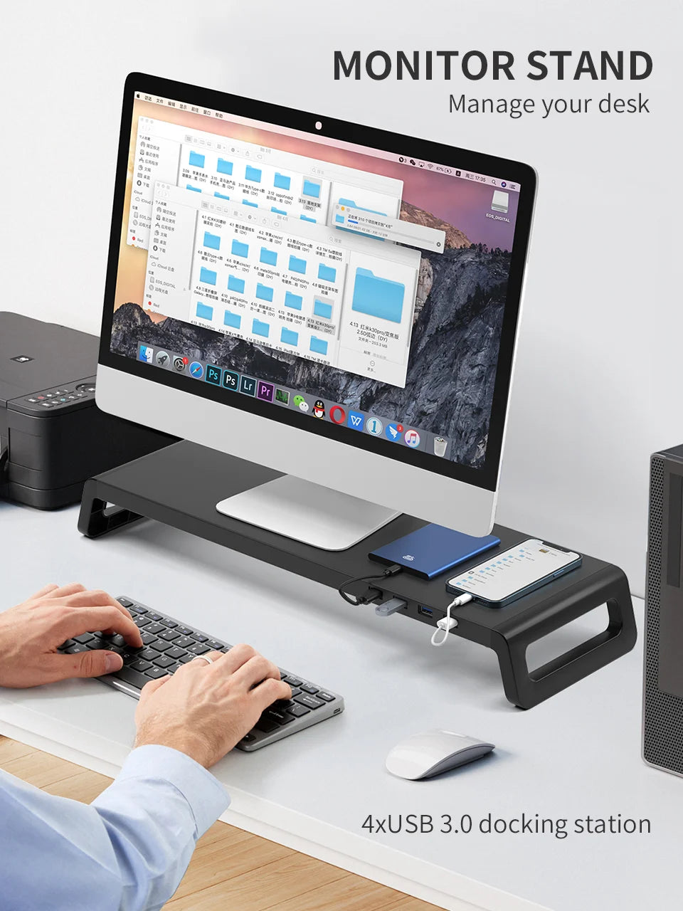 Computer Monitor Stand Riser With 4 USB3.0 Ports ABS Legs Support Data Transfer Desktop Screen Holder With Keyboard Storage