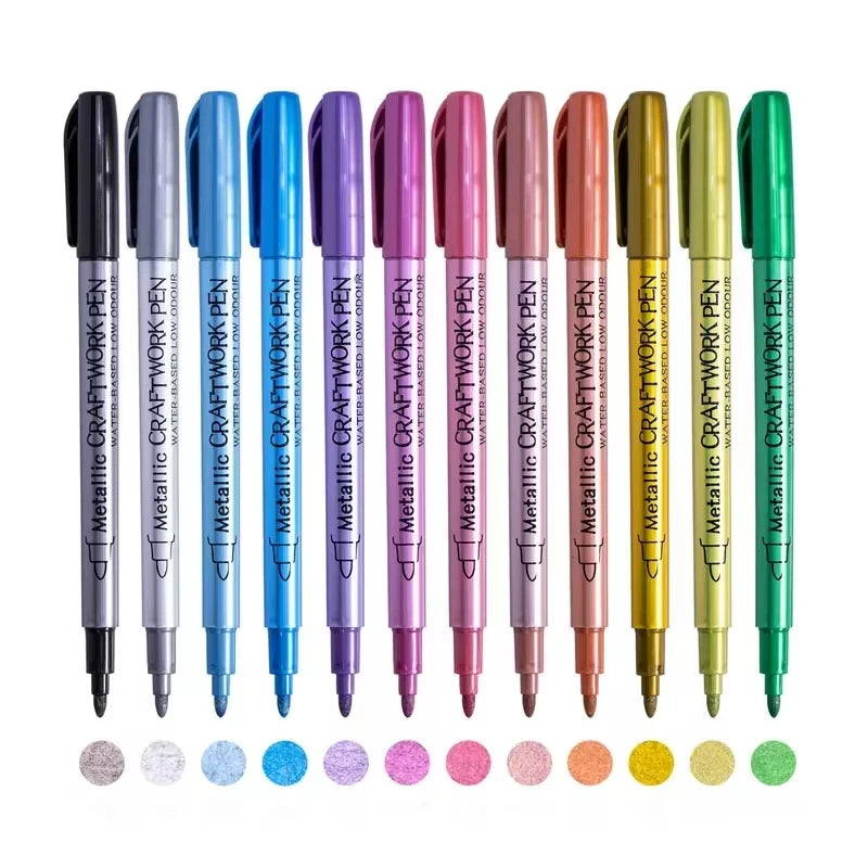 12 Colors Metallic Markers Pens Permanent Art Marker for Manga Crafts Scrapbooking Metal Rock Painting Stationery School Supplie