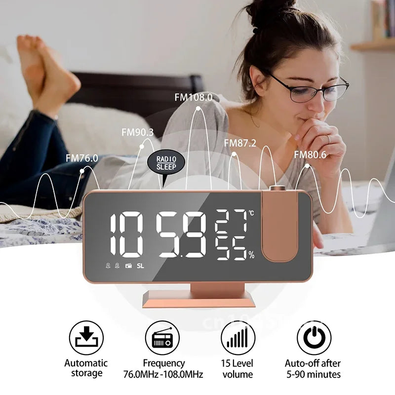 LED Screen Digital USB Wake Up FM Radio Time Projector Clock Week Display Decor with Humidity Table Home Temperature Date Clock