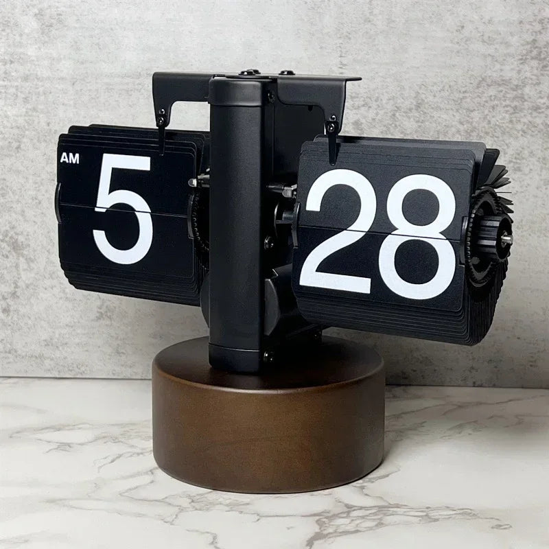 Table Clock 12H/24H Mechanical Automatic Page Turning Clock Retro Ornaments Living Room Bedroom Office Desktop Decoration