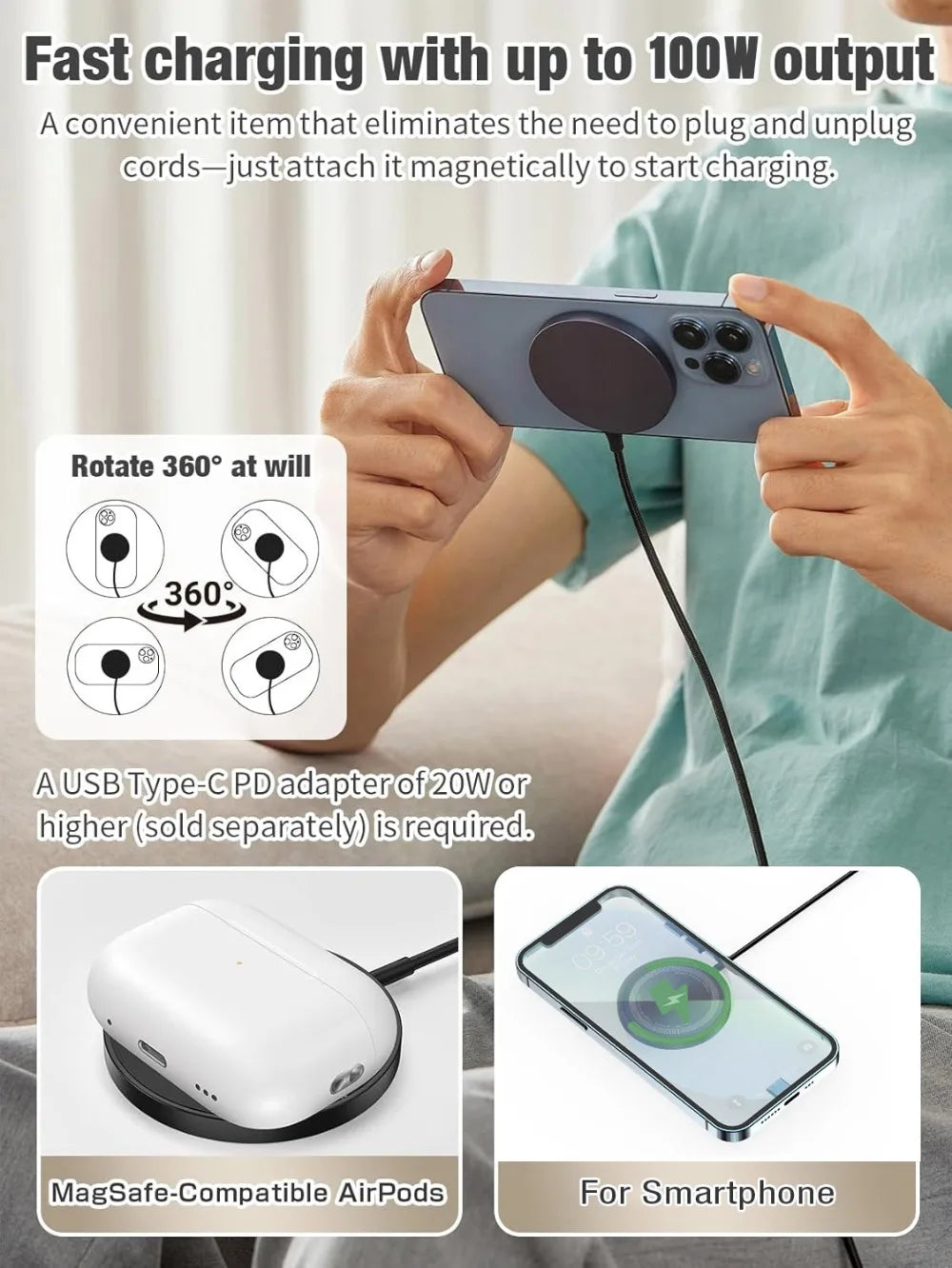 100W For Magsafe Wireless Charger Desk Phone Charge Pad Fast Charging Station For iPhone 17 16 15 14 13 Pro Max AirPods 4/3 Pro