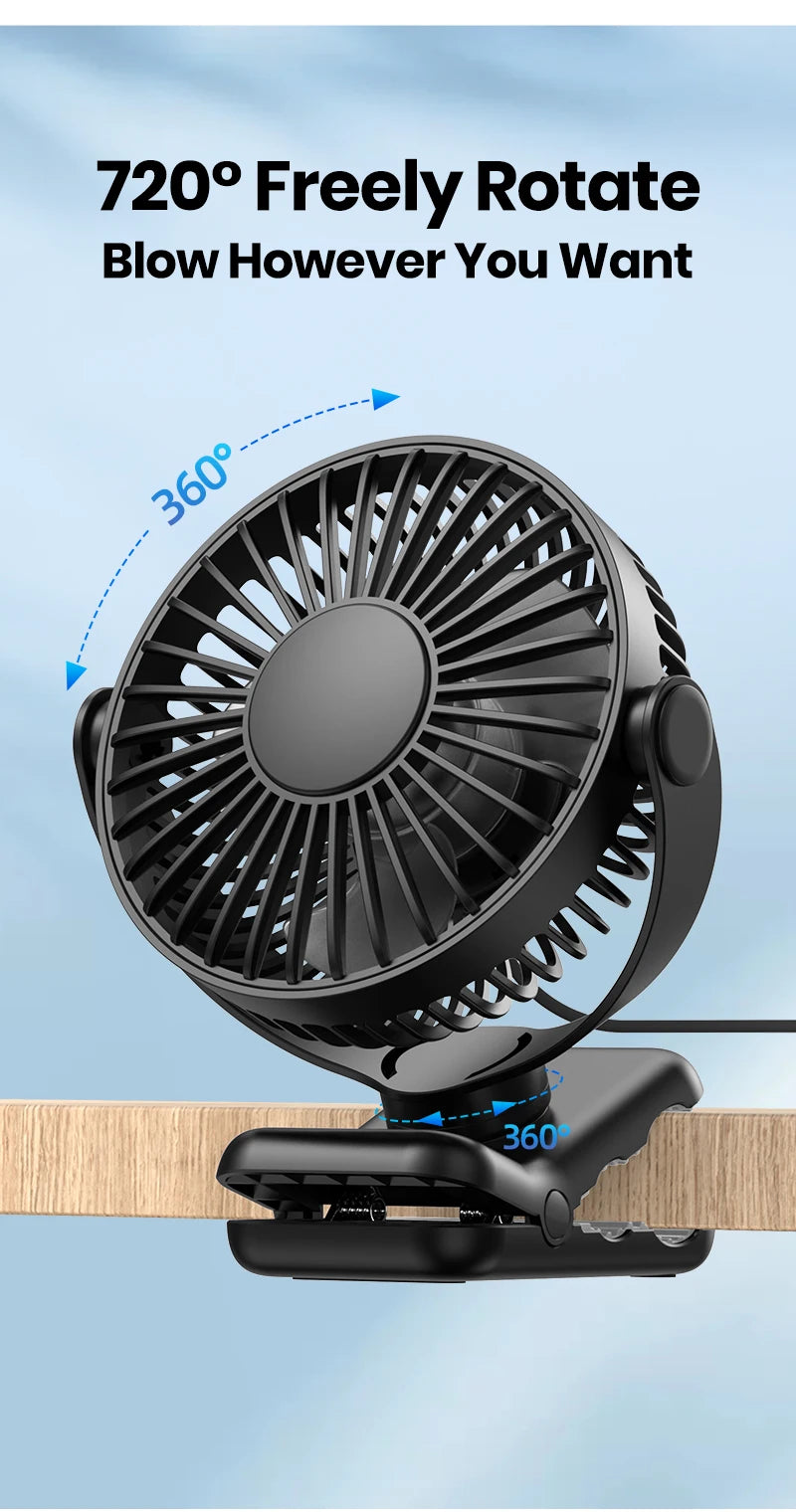 TOPK K62B Small Portable Clip Fan USB Desk Fan with 3 Speeds Strong Airflow, 720° Rotation, Ultra-Quiet, Desk Fans for Home/Offi