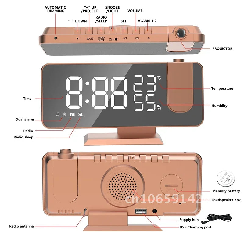 LED Screen Digital USB Wake Up FM Radio Time Projector Clock Week Display Decor with Humidity Table Home Temperature Date Clock