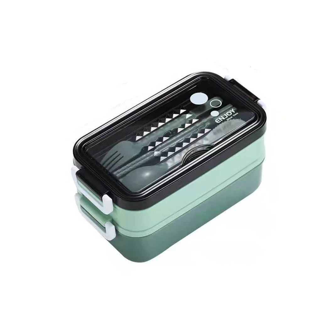 Double-layer Lunch Box 1pc Portable Compartment Food Box Microwave Lunch Box With Fork Chopsticks And Spoon for School office