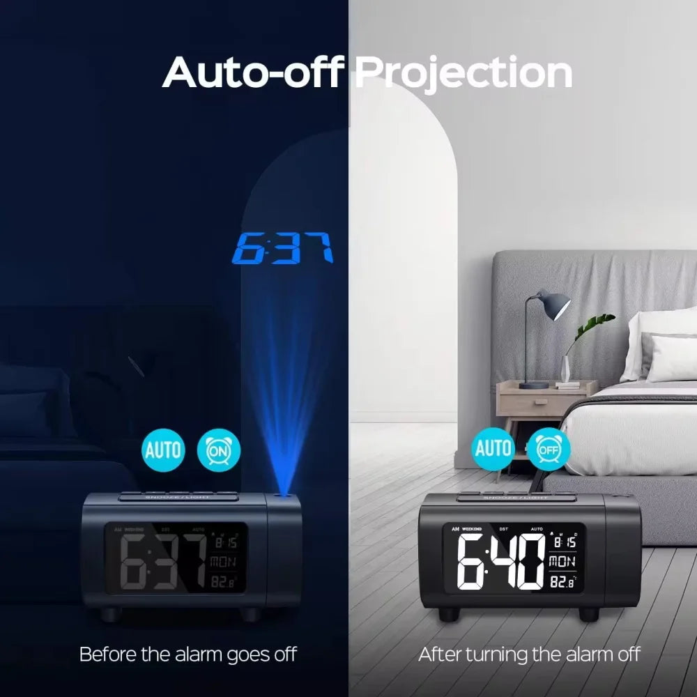 180° Projection Alarm Clock Radio Function Snooze Mode Electronic Digital Alarm Clock USB Charging Bedroom Bedside Table Clock