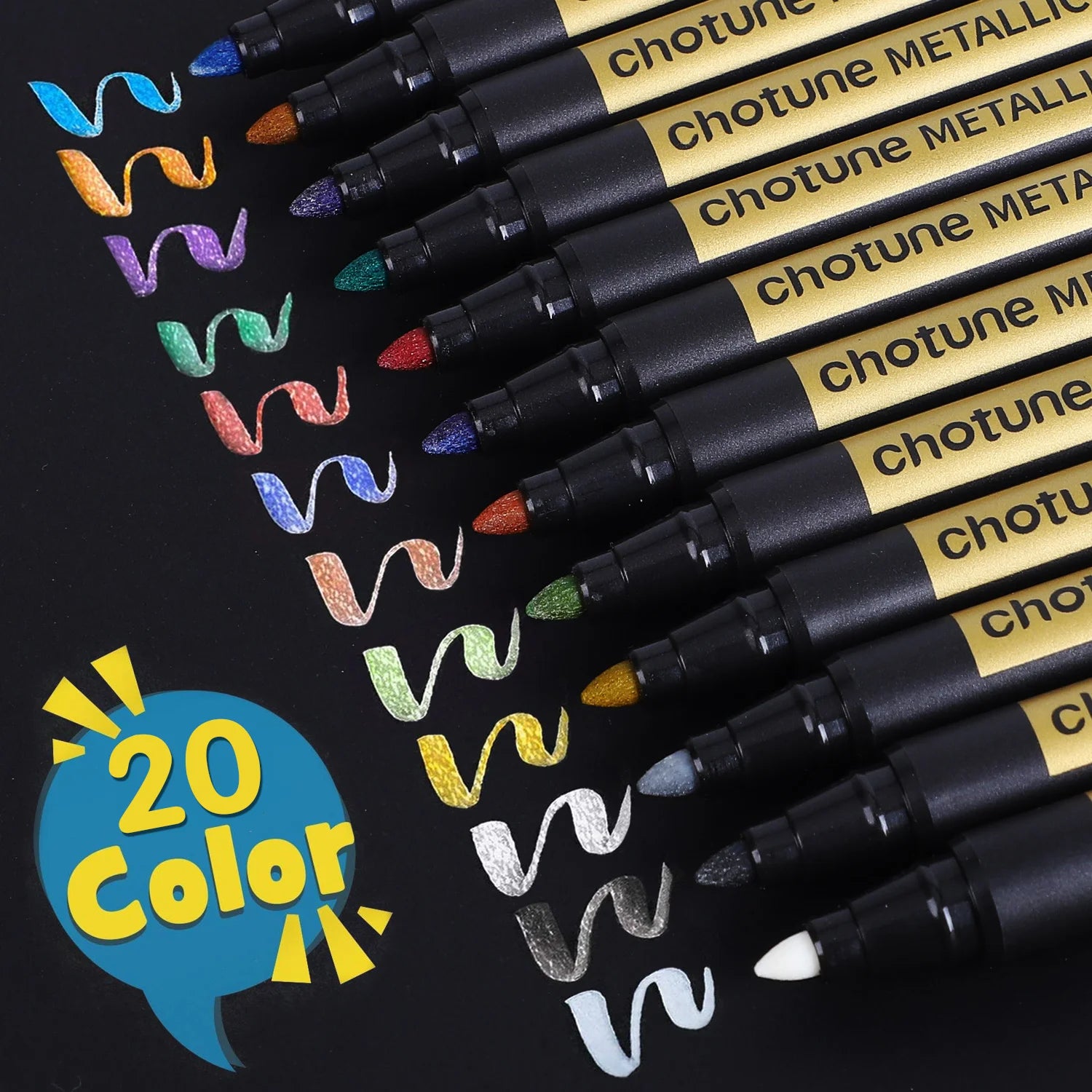 Metallic Marker Pens - Set of 20 Medium Point Metallic Markers for Rock Painting, Black Paper, Card Making, Scrapbooking Crafts,