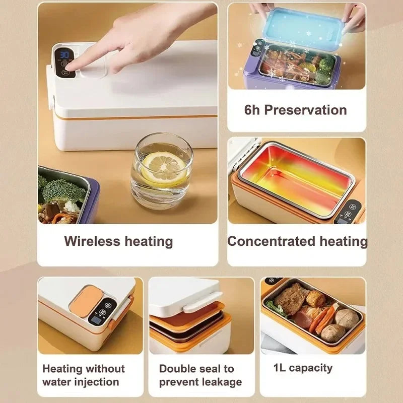 1L USB Electric Lunch Box Portable Heated Food Warmer Rechargeable Insulated Container for Office Camping Travel Commuting