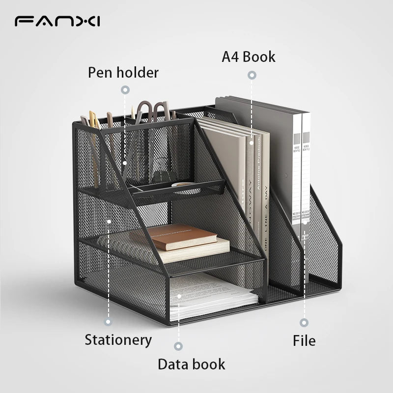 Desk Organizer with File Holder, Desk Organizers with 3 Tier Letter Trays and 2 Pen Holders, Mesh Desk Accessories & Workspace