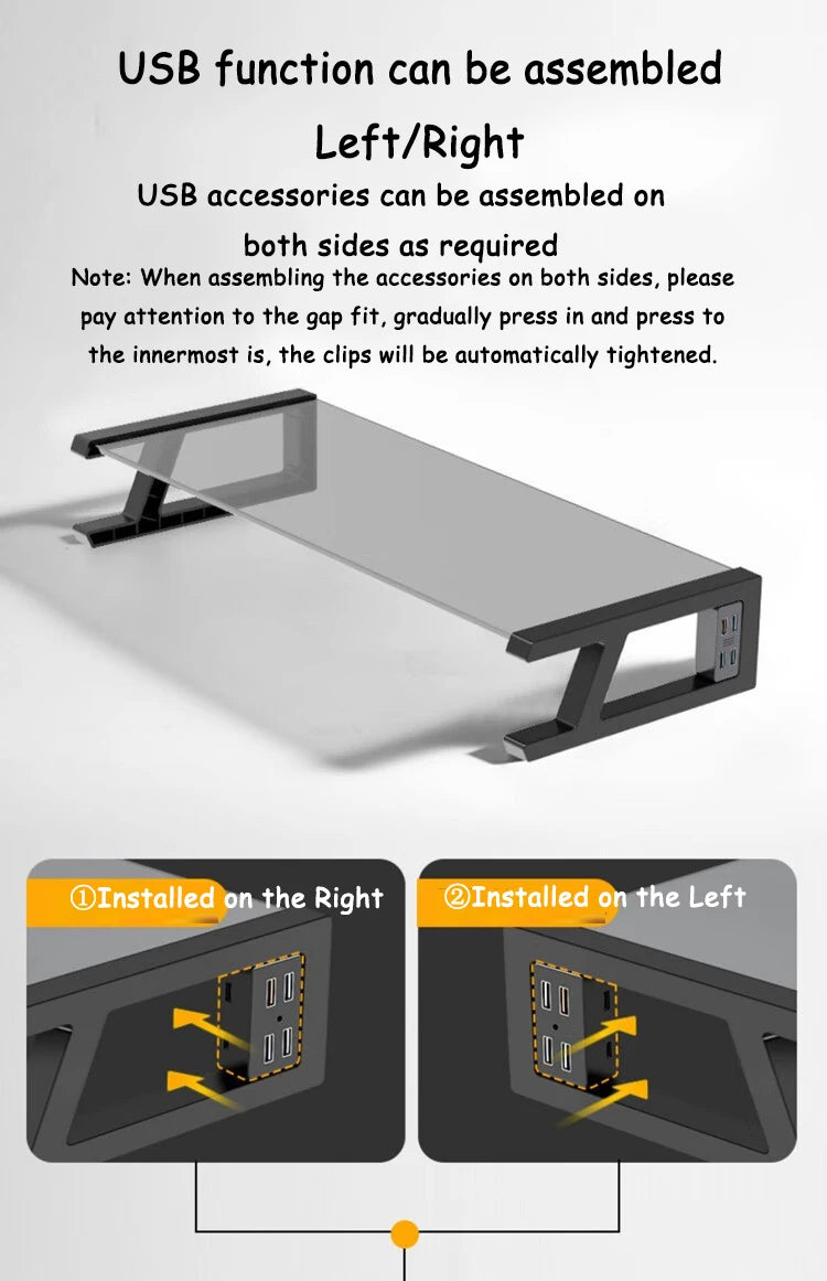 Desk Monitor Stand Riser PC Rack Holder, with 4 USB Ports, Computer Monitor Riser, Desktop Stand and Storage Rack, 20kg Capacity