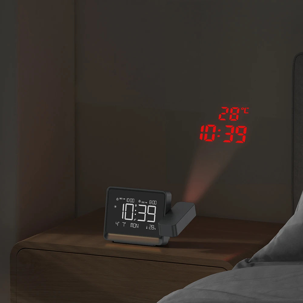 Black Digital Desktop Alarm Clock Thermometer Wall Projectior Bluetooth Time Adjust Night Light USB Focusing Display Projection