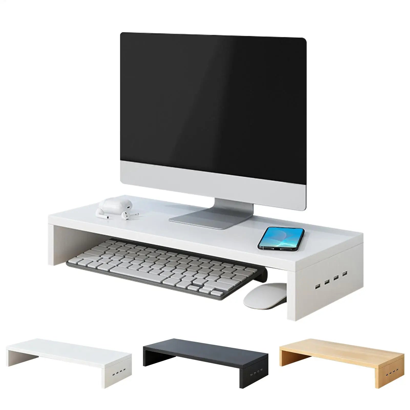 Monitor Height Stand 4 USB Ports Ventilation Shelf Booster Office Printer Stand Computer Monitor Riser Keyboard Storage Rack