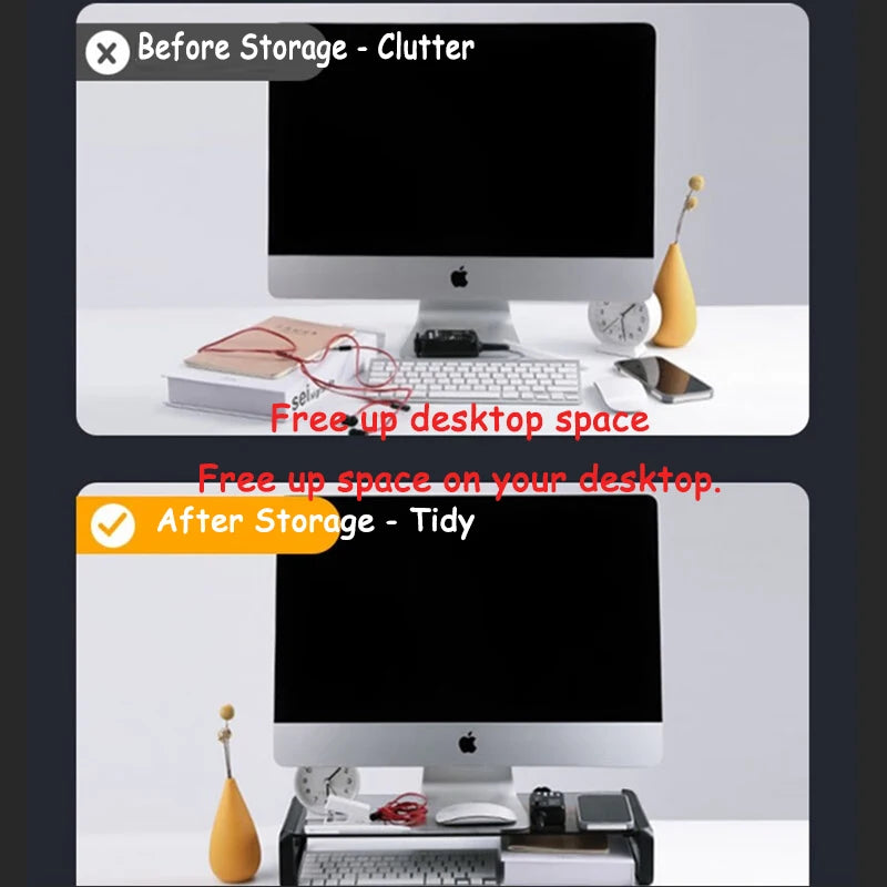 Desk Monitor Stand Riser PC Rack Holder, with 4 USB Ports, Computer Monitor Riser, Desktop Stand and Storage Rack, 20kg Capacity