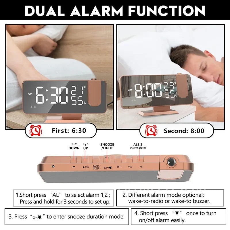 LED Screen Digital USB Wake Up FM Radio Time Projector Clock Week Display Decor with Humidity Table Home Temperature Date Clock