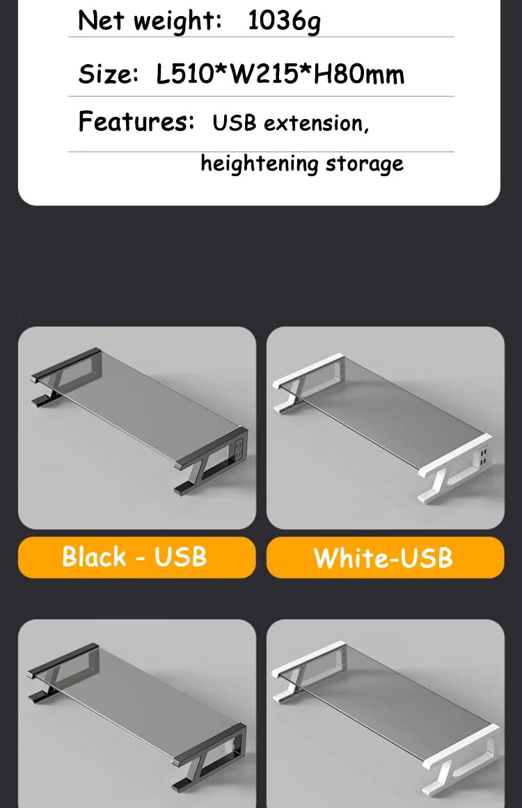 Desk Monitor Stand Riser PC Rack Holder, with 4 USB Ports, Computer Monitor Riser, Desktop Stand and Storage Rack, 20kg Capacity