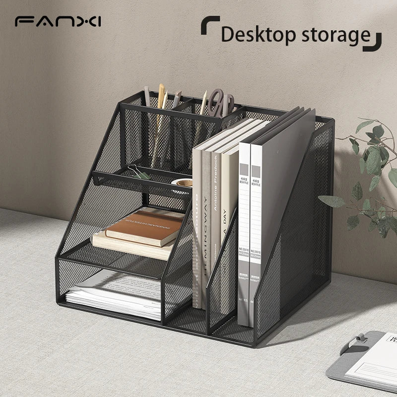 Desk Organizer with File Holder, Desk Organizers with 3 Tier Letter Trays and 2 Pen Holders, Mesh Desk Accessories & Workspace