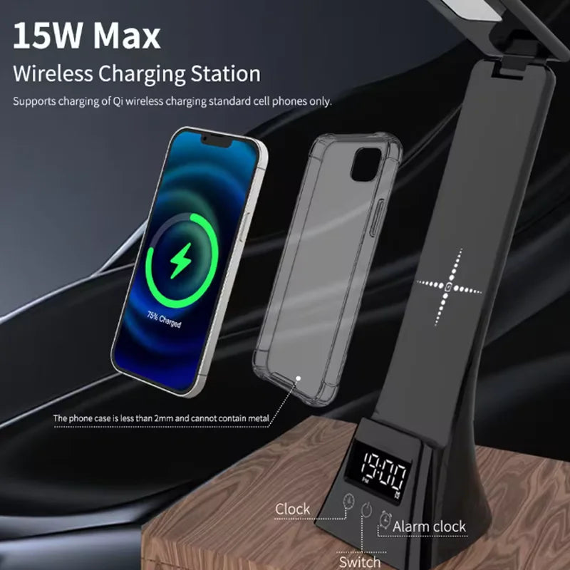 15W Wireless Charger Stand LED Desk Table Lamp With Alarm Clock 3 Colors Dimmable Desk Light Fast Charging Station for iPhone
