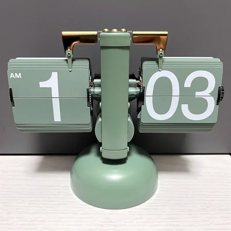 Table Clock 12H/24H Mechanical Automatic Page Turning Clock Retro Ornaments Living Room Bedroom Office Desktop Decoration
