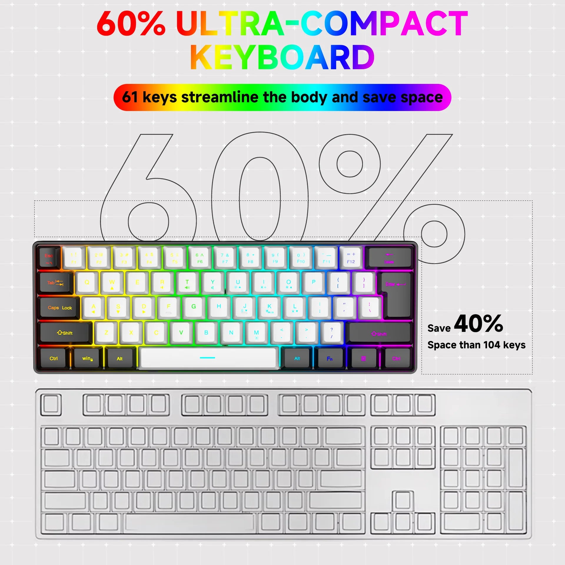 Teclado 61 key RGB Gamer keyboards 60% keyboard teclado para computadora ergonomic tastiera black white mini klavye toetsenbord