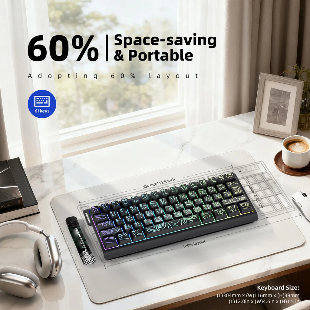 Wireless Keyboard 61 Key Triple Mode 2.4G USB Bluetooth with RGB Backlit Ribbon 60 Percent Portable for Gaming Rechargeable