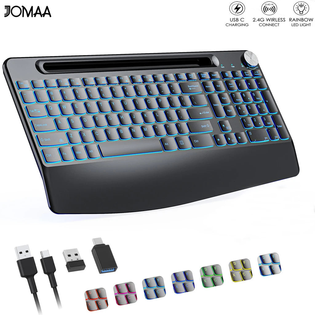 Wireless Keyboard with 7 Colored Backlits, Wrist Rest, Phone Holder, Rechargeable Ergonomic Full Size Keyboard with Silent Keys