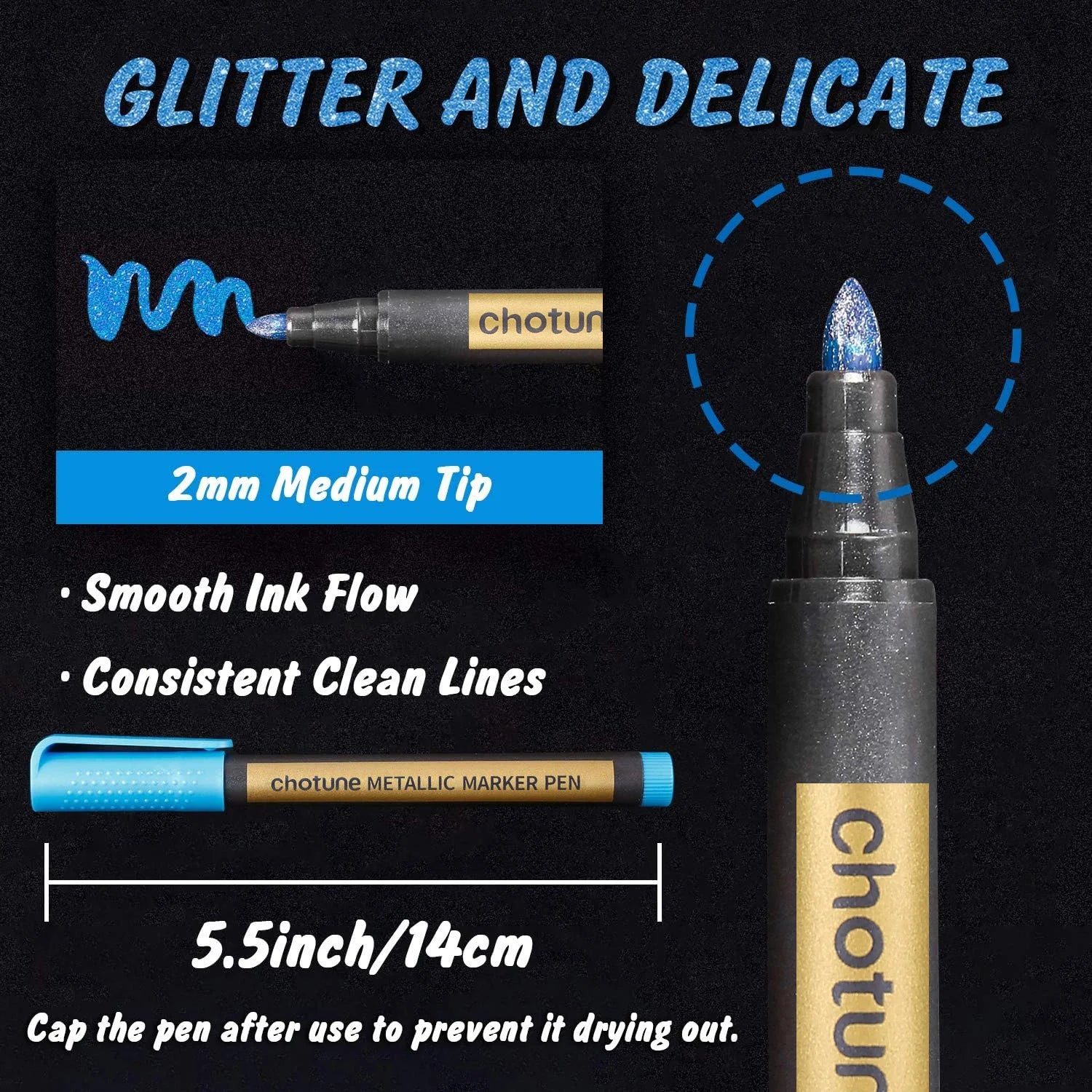 Metallic Marker Pens - Set of 20 Medium Point Metallic Markers for Rock Painting, Black Paper, Card Making, Scrapbooking Crafts,