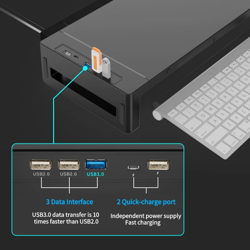 Multifunctional Computer Monitor Stand Riser with RGB Lighting& Fast Charging Interface Height-Adjustable Desk Shelf Riser
