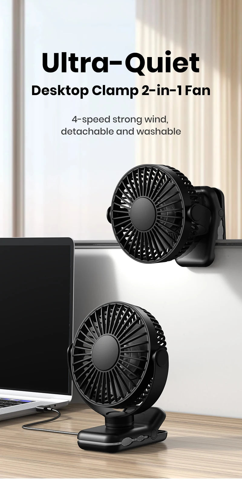 TOPK K62B Small Portable Clip Fan USB Desk Fan with 3 Speeds Strong Airflow, 720° Rotation, Ultra-Quiet, Desk Fans for Home/Offi