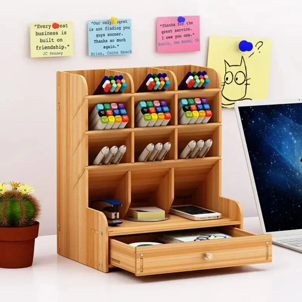 Wooden Desk Organiser DIY Desktop Tidy Pen Holder Large Capacity Stationery Storage Box with Drawer for Home Office and School