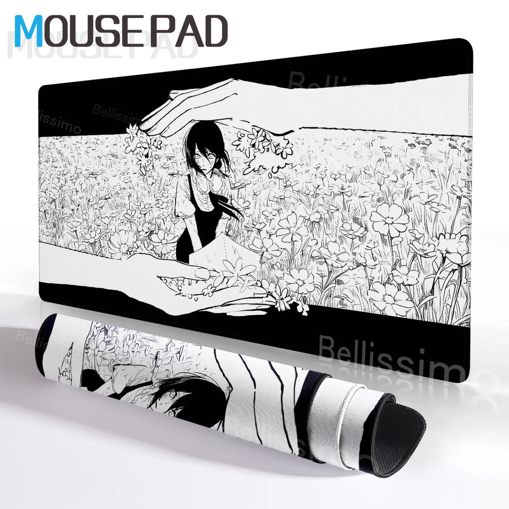 New Black and White Anime Girl Mousepad Large Mouse Pad Office Keyboard Edge Locking Desk Mat PC Gamer Accessories Non-slip Mat