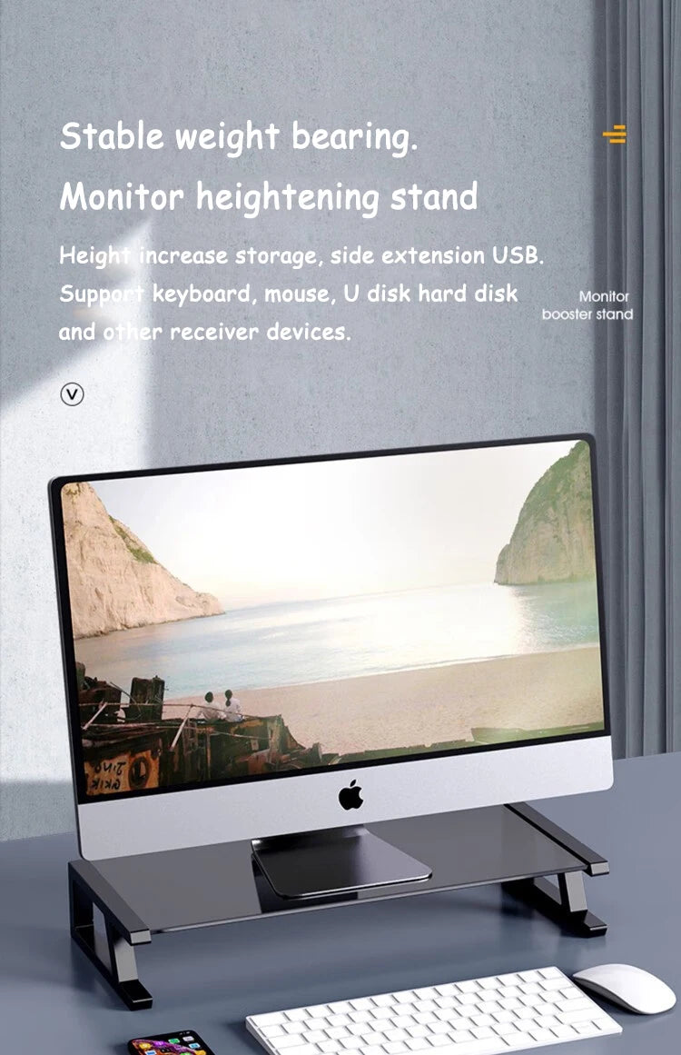 Desk Monitor Stand Riser PC Rack Holder, with 4 USB Ports, Computer Monitor Riser, Desktop Stand and Storage Rack, 20kg Capacity