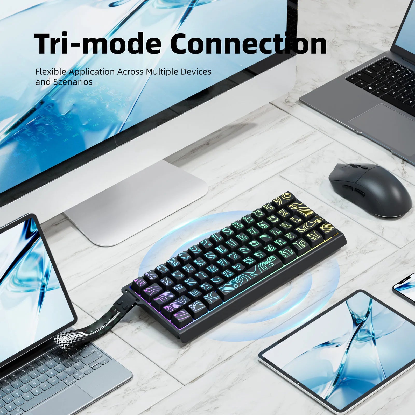 Wireless Keyboard 61 Key Triple Mode 2.4G USB Bluetooth with RGB Backlit Ribbon 60 Percent Portable for Gaming Rechargeable