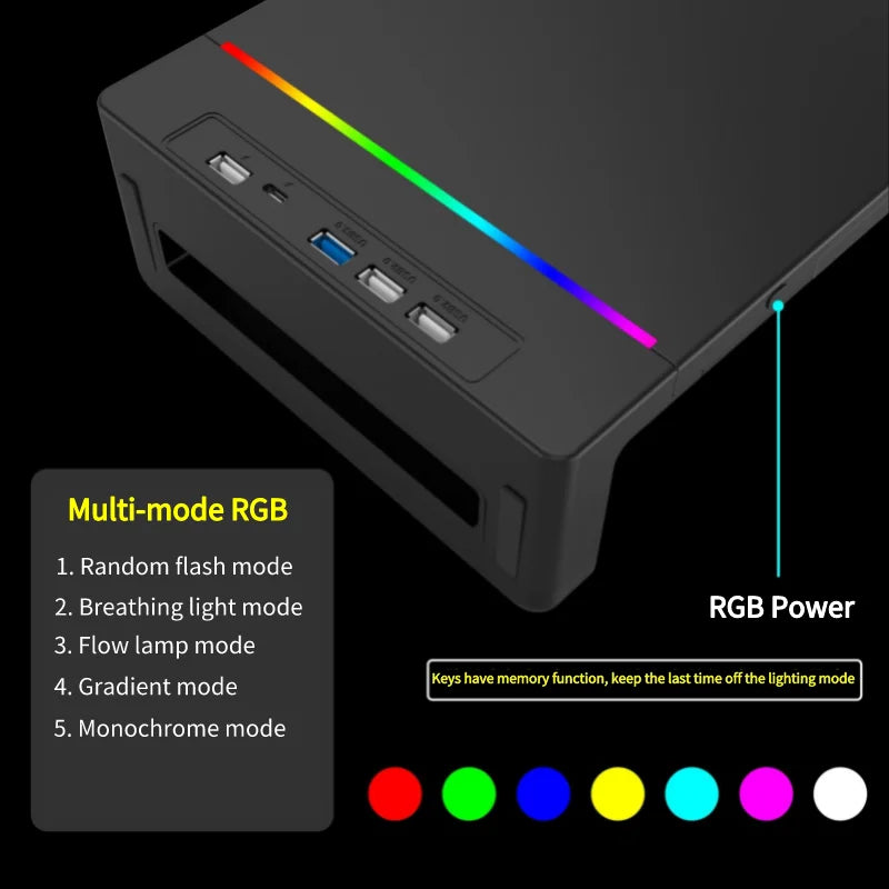 Multifunctional Computer Monitor Stand Riser with RGB Lighting& Fast Charging Interface Height-Adjustable Desk Shelf Riser