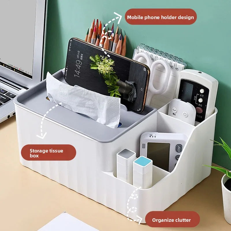 6-Section Desk Organizer - Multifunctional Tissue Box with Remote Holder, Plastic Storage for Living Room, Kitchen & Office