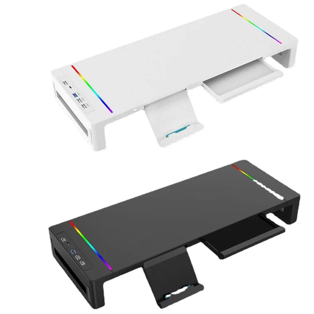 Multifunctional Computer Monitor Stand Riser with RGB Lighting& Fast Charging Interface Height-Adjustable Desk Shelf Riser