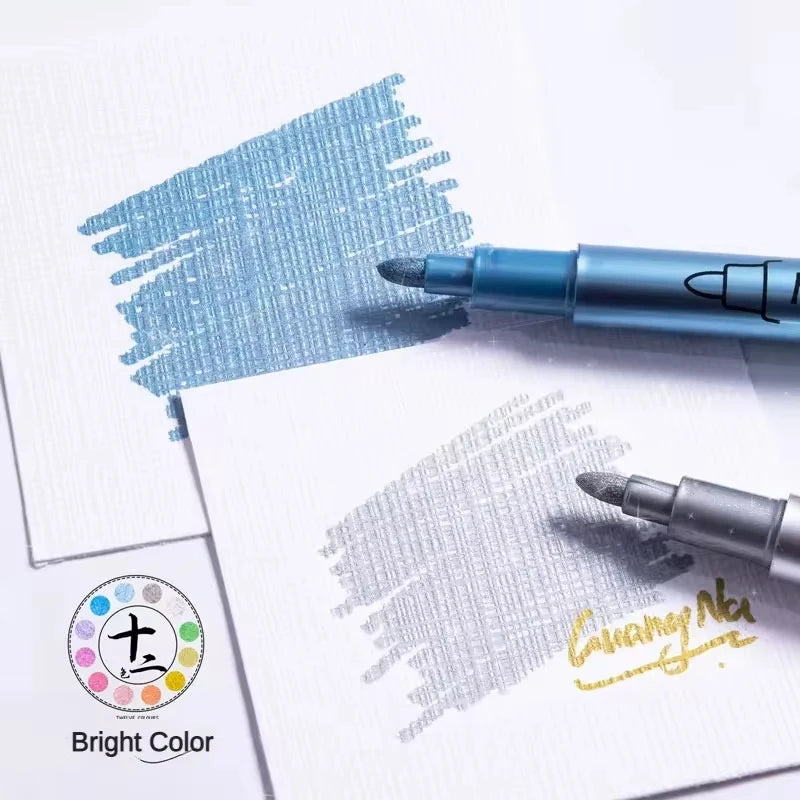12 Colors Metallic Markers Pens Permanent Art Marker for Manga Crafts Scrapbooking Metal Rock Painting Stationery School Supplie