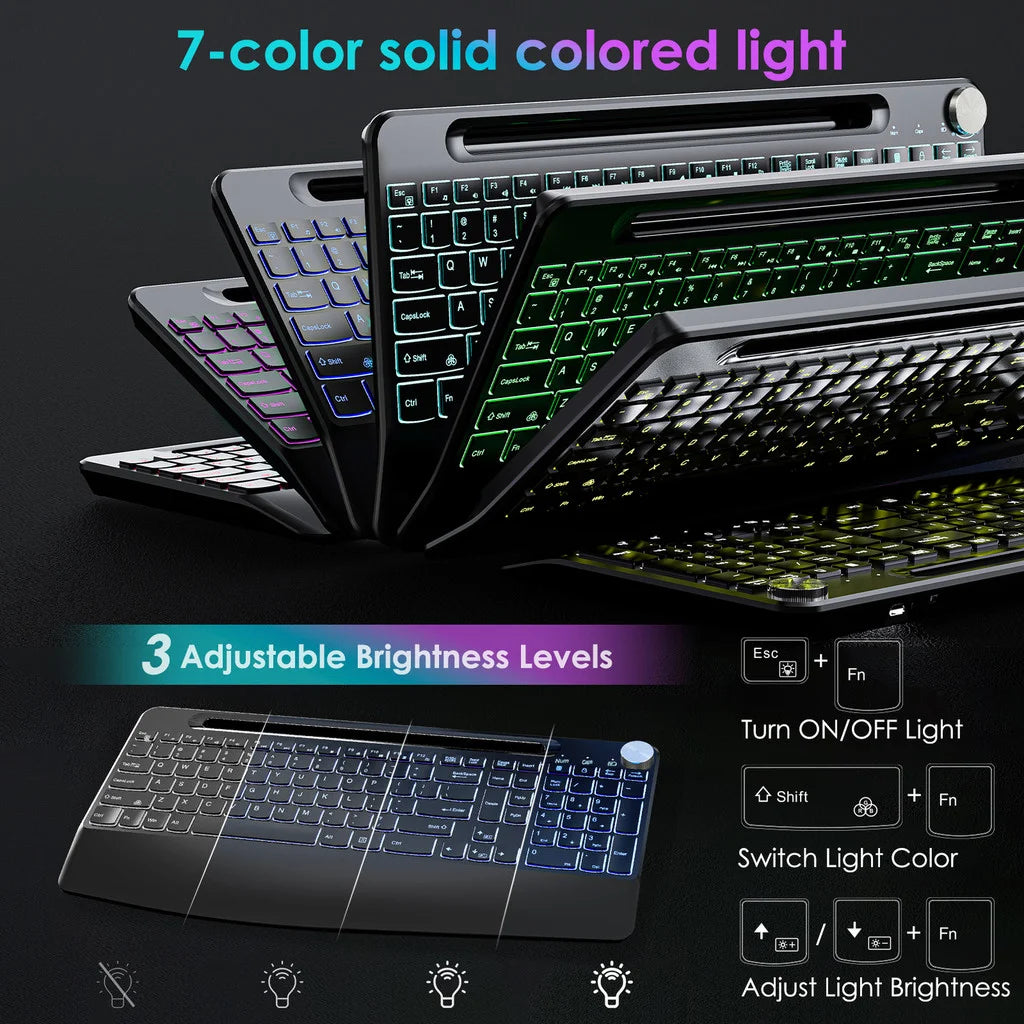 Wireless Keyboard with 7 Colored Backlits, Wrist Rest, Phone Holder, Rechargeable Ergonomic Full Size Keyboard with Silent Keys
