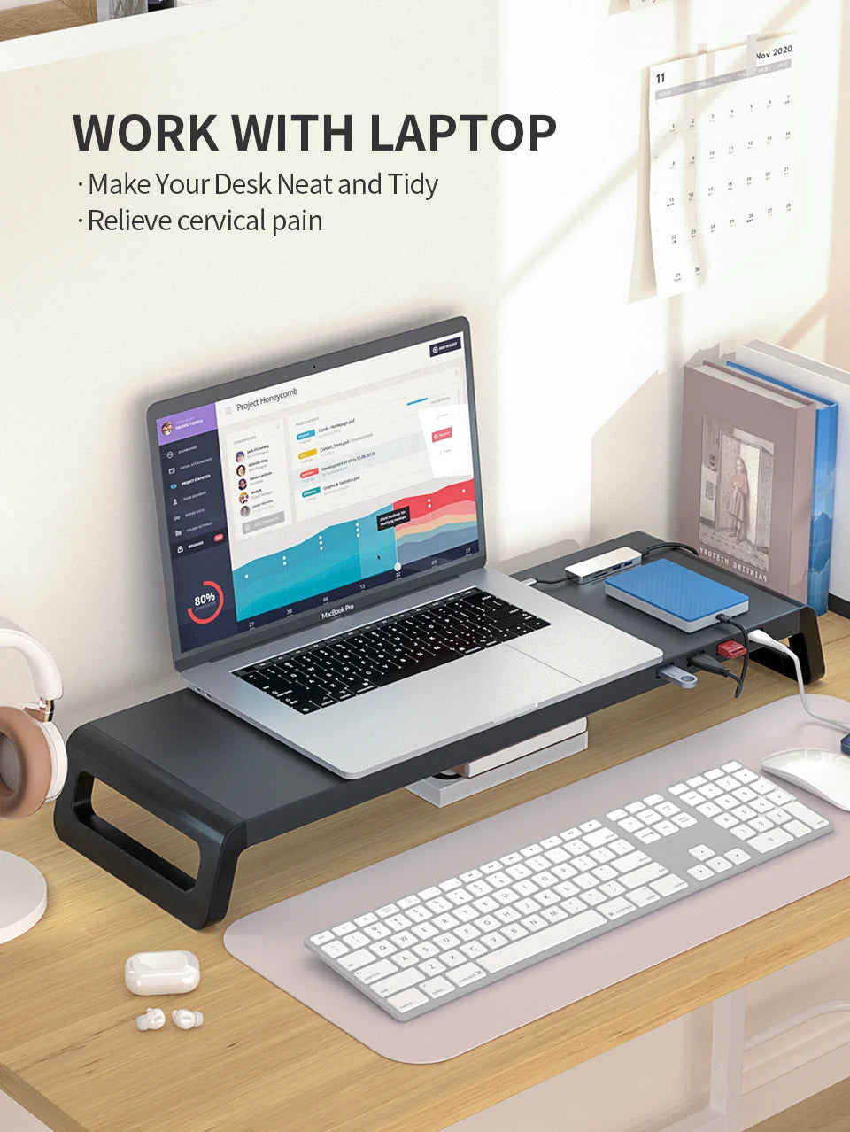 Computer Monitor Stand Riser With 4 USB3.0 Ports ABS Legs Support Data Transfer Desktop Screen Holder With Keyboard Storage