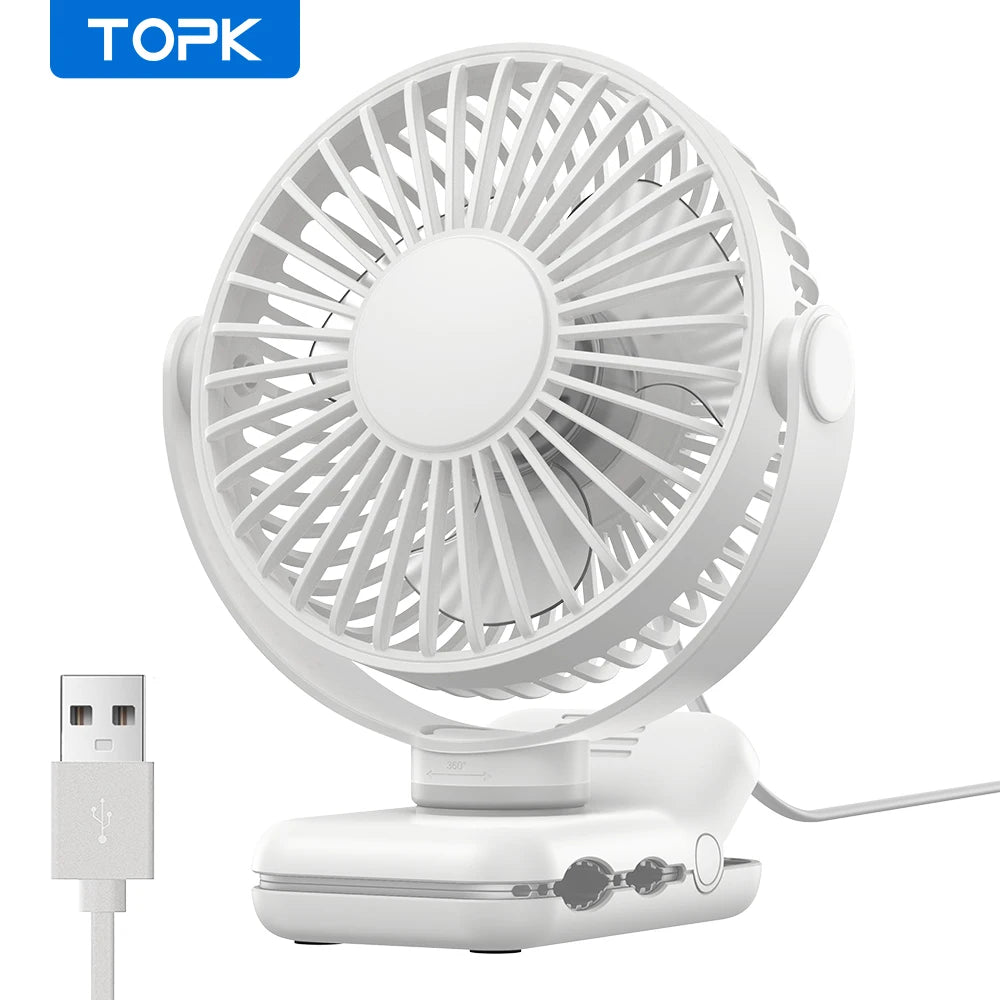 TOPK K62B Small Portable Clip Fan USB Desk Fan with 3 Speeds Strong Airflow, 720° Rotation, Ultra-Quiet, Desk Fans for Home/Offi