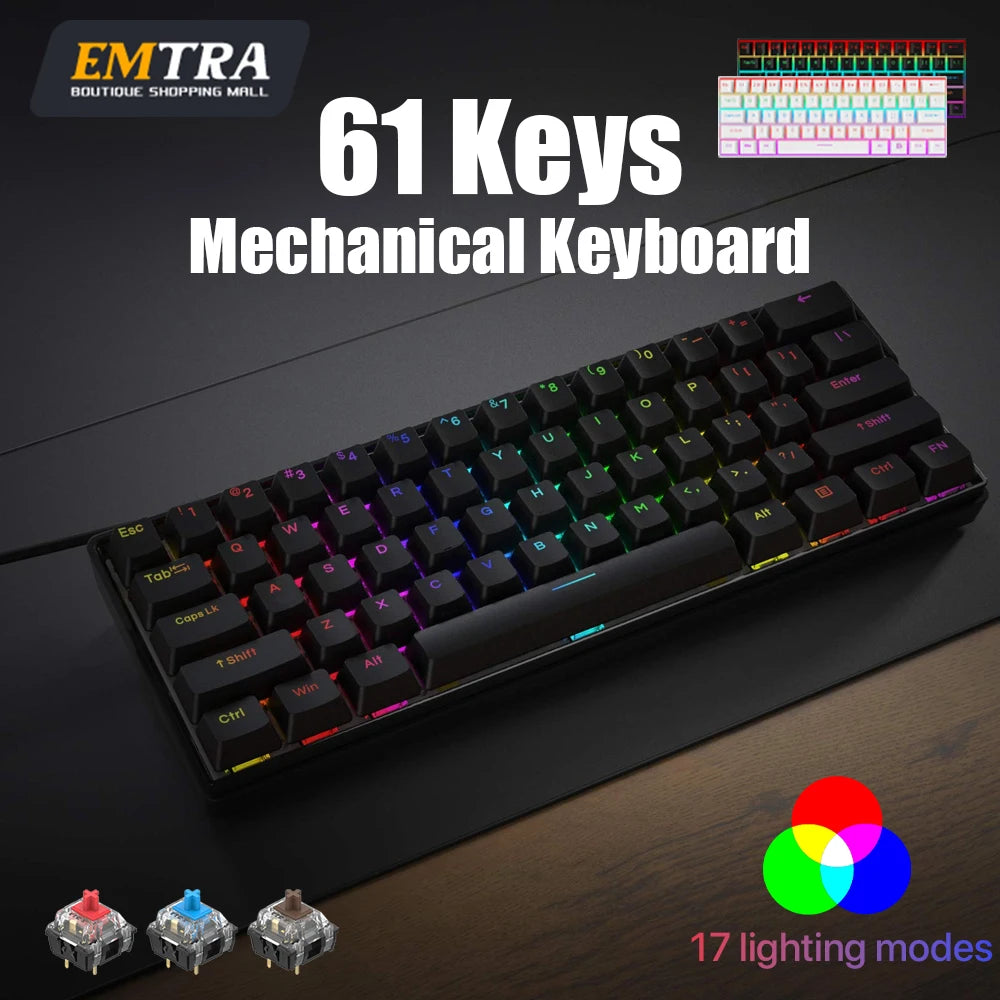 Wired Mechanical Keyboard 60% 17 Backlight Modes Hot-Swappable 61 Keys Brown Blue Red Switch Keyboard for Teclado Gaming Office