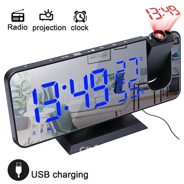 LED Screen Digital USB Wake Up FM Radio Time Projector Clock Week Display Decor with Humidity Table Home Temperature Date Clock